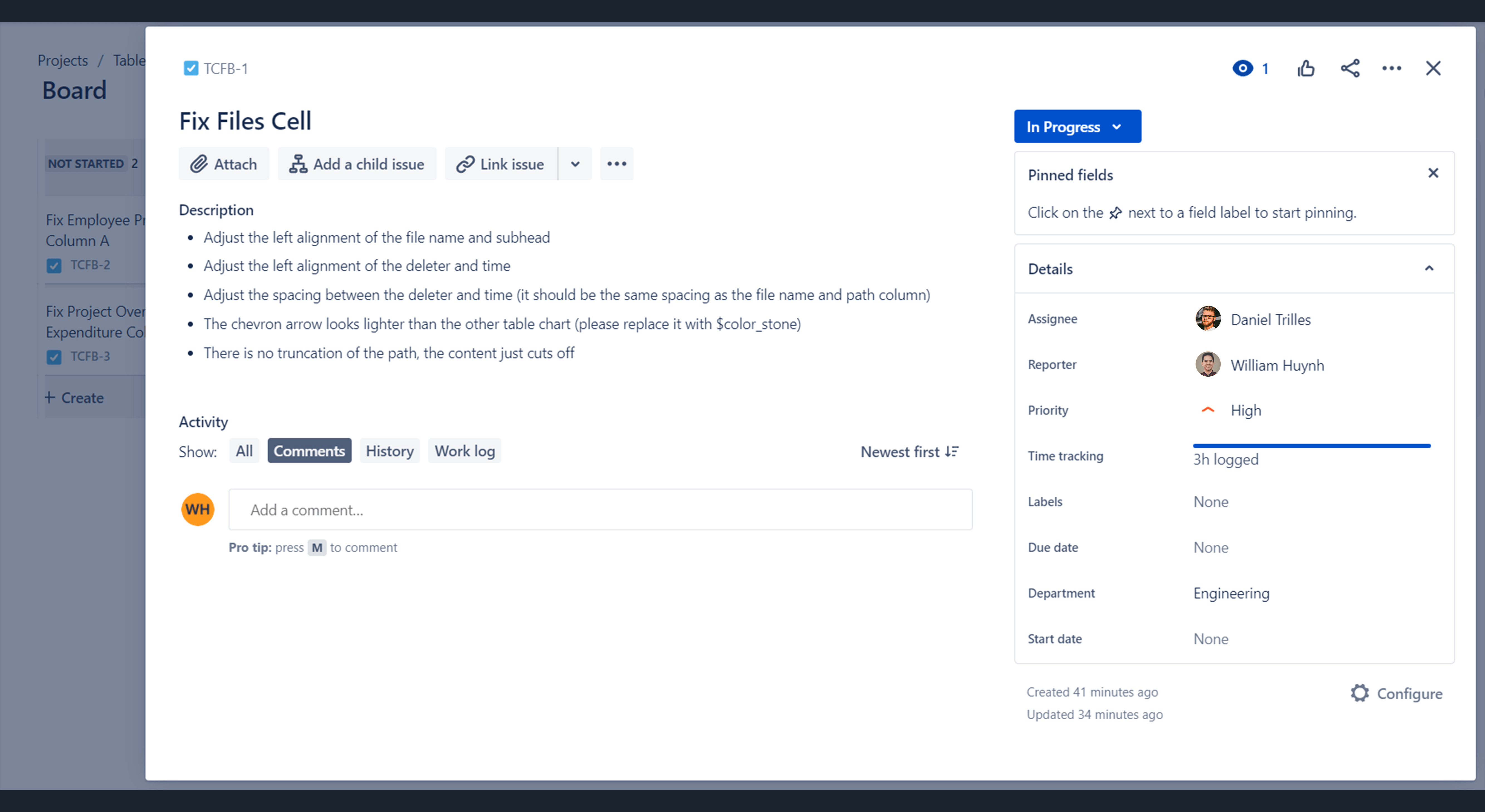 Jira table cell ticket example